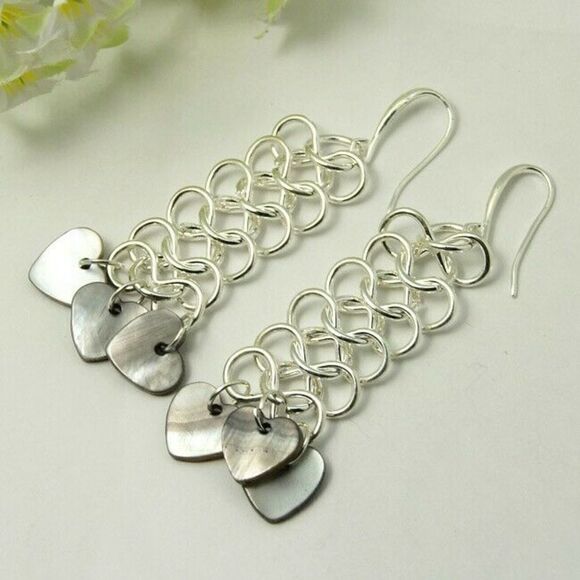 Handmade Silver Chainmail Dangle Earrings Hearts Mother of Pearl Shell - Picture 1 of 1